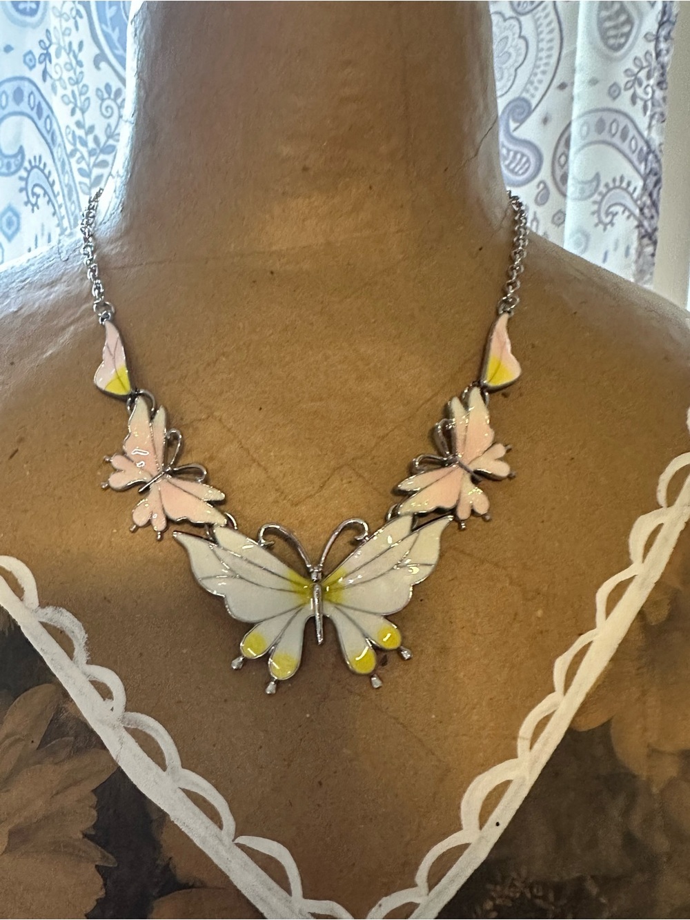 Butterfly Dsigns White, Pink & Yellow Enamel Butterfly Necklace